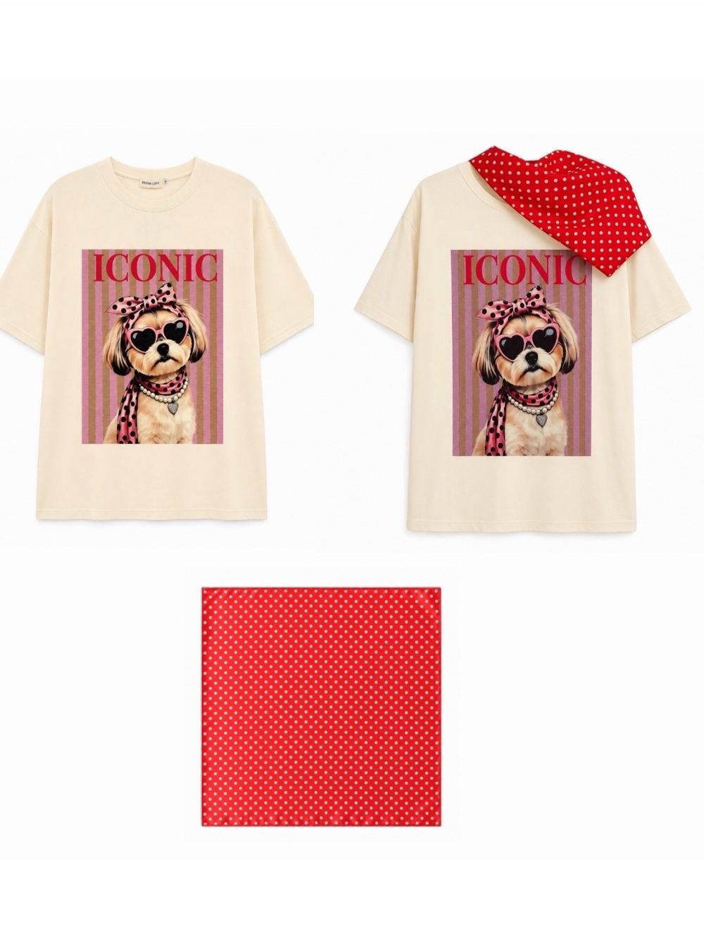 New Denim Love Shih Tzu Dog ICONIC Cream T-Shirt & Red White Polka Dot Scarf